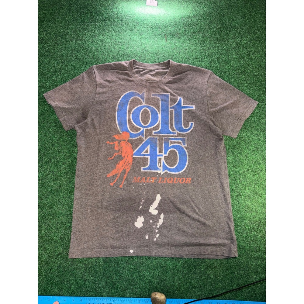 Colt 45 Malt Liquor Graphic T-Shirt Mens Medium Gray Distressed Bleach StainY2K